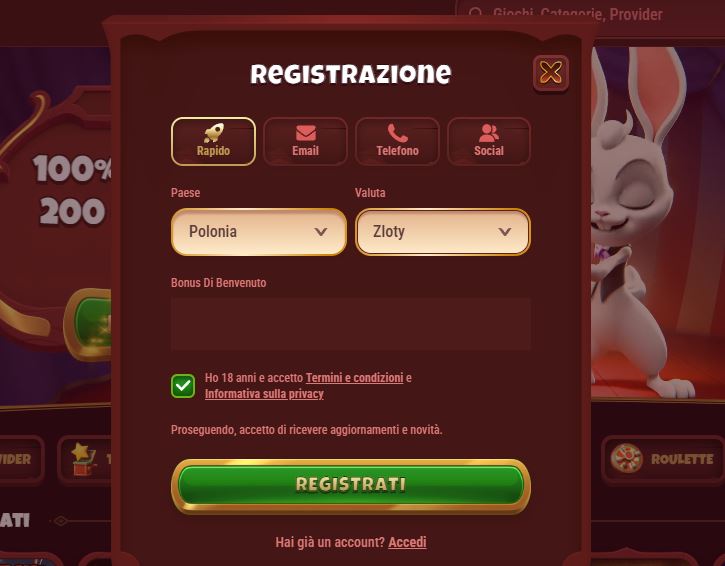 Completa registrazione account scegliendo paese e valuta preferita